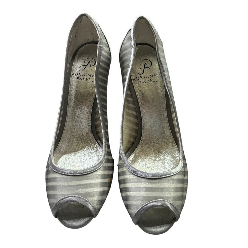 Adrianna‎ Papell Peep Toe Pumps 6.5 Silver White Striped Satin Stiletto Heels